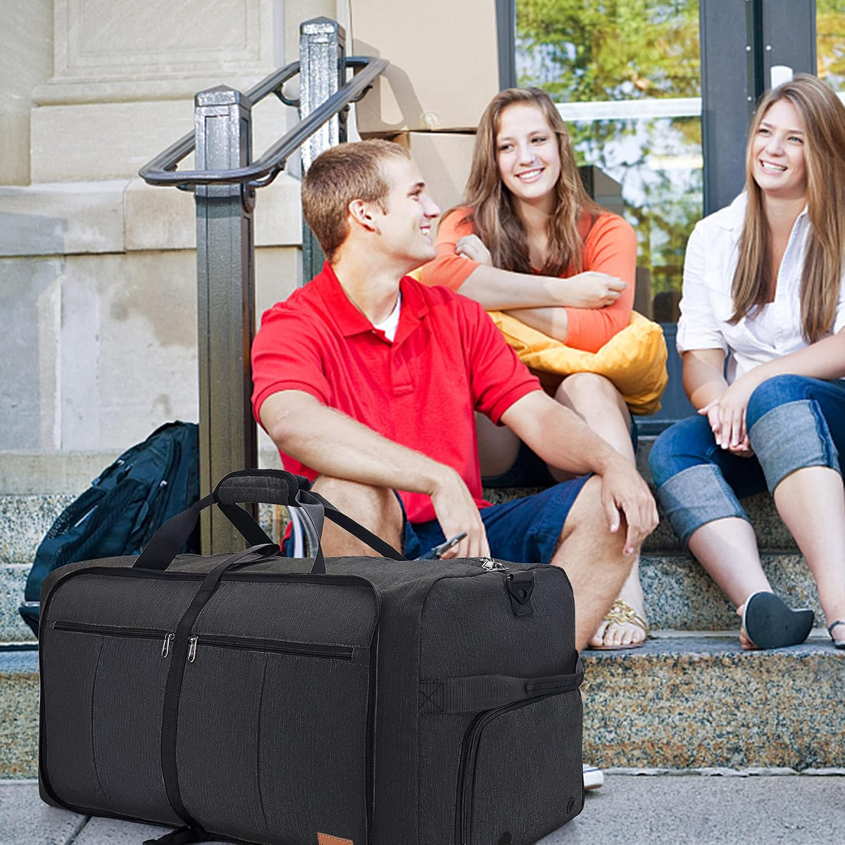 Large Weekender Travel Bag – 120 L, Foldable, Waterproof, Shoe Compartment, Multiple Pockets, Adjustable Strap (Black)