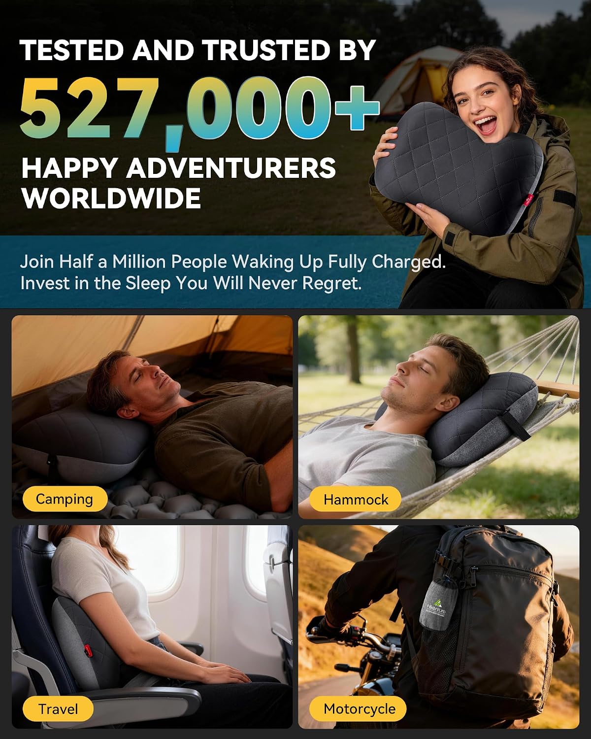 Inflatable Camping Travel Pillow – Removable Pillow Case, Ergonomic, Lightweight, Quick Inflation