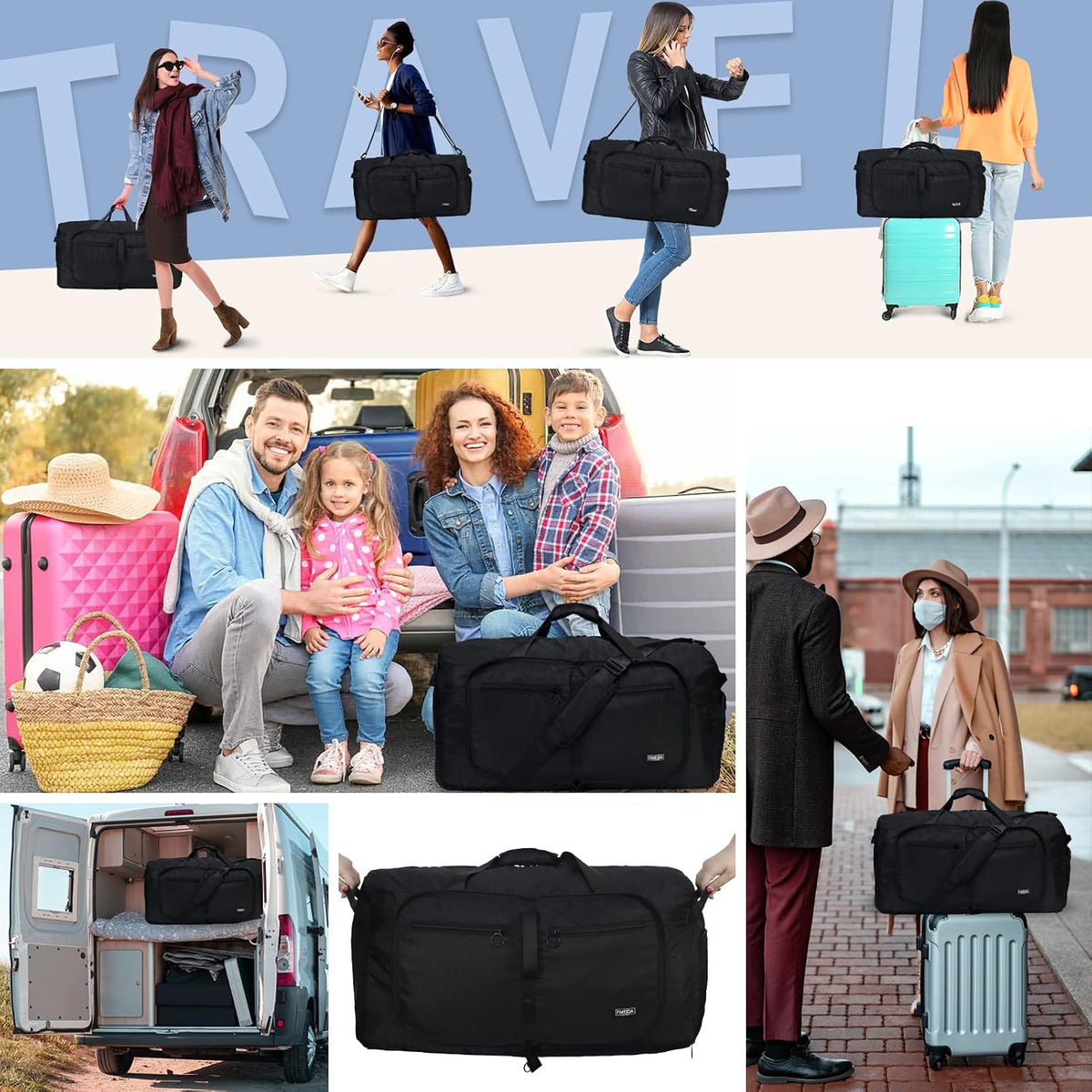 Large Foldable Travel Bag – 65 L, Nylon, Multiple Pockets, Shoe Compartment, Adjustable Shoulder Strap
