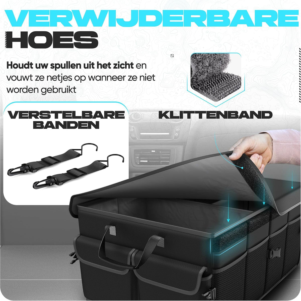 Car Boot Organiser – Foldable, Reinforced Design, Non‑Slip Base, Adjustable Straps, Removable Lid (Black, Standard)