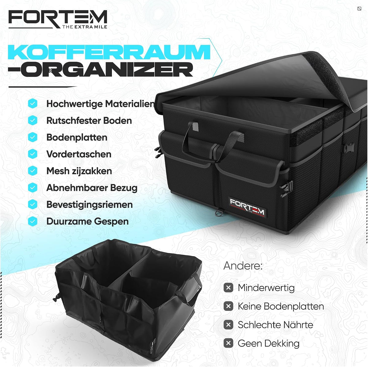 Car Boot Organiser – Foldable, Reinforced Design, Non‑Slip Base, Adjustable Straps, Removable Lid (Black, Standard)