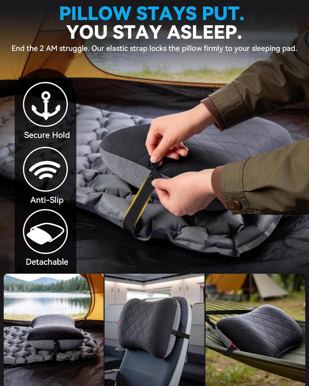 Inflatable Camping Travel Pillow – Removable Pillow Case, Ergonomic, Lightweight, Quick Inflation