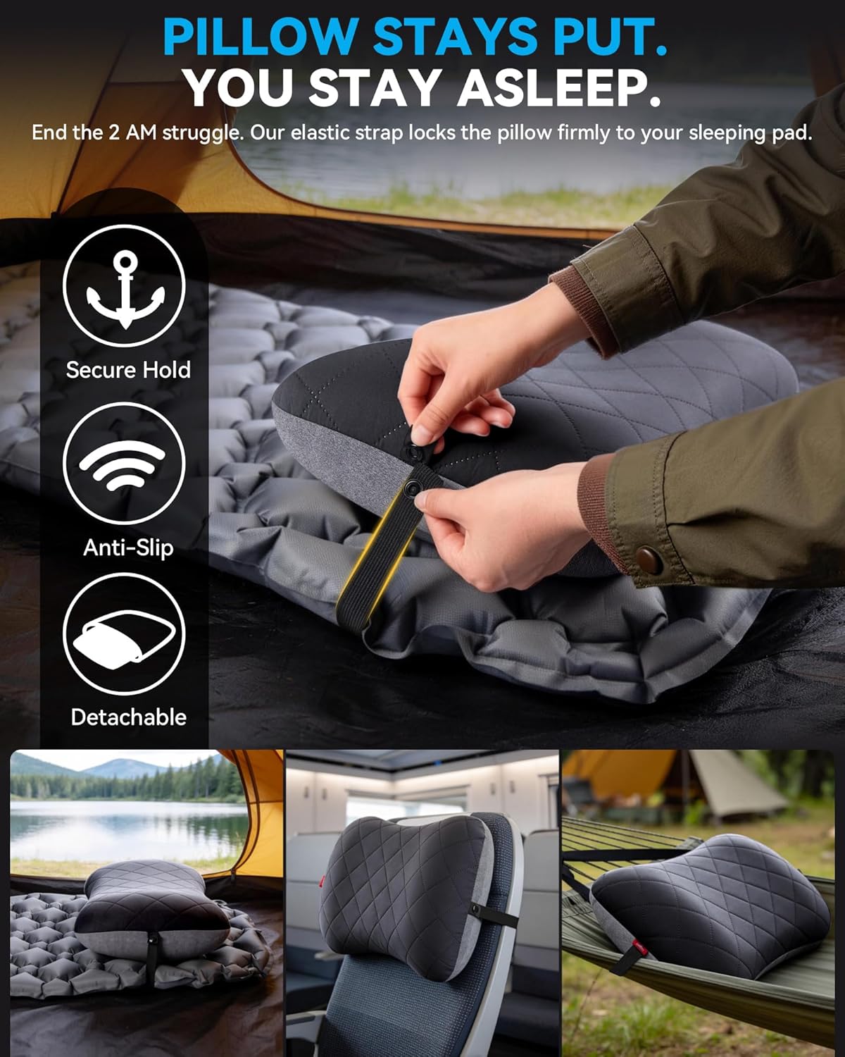 Inflatable Camping Travel Pillow – Removable Pillow Case, Ergonomic, Lightweight, Quick Inflation
