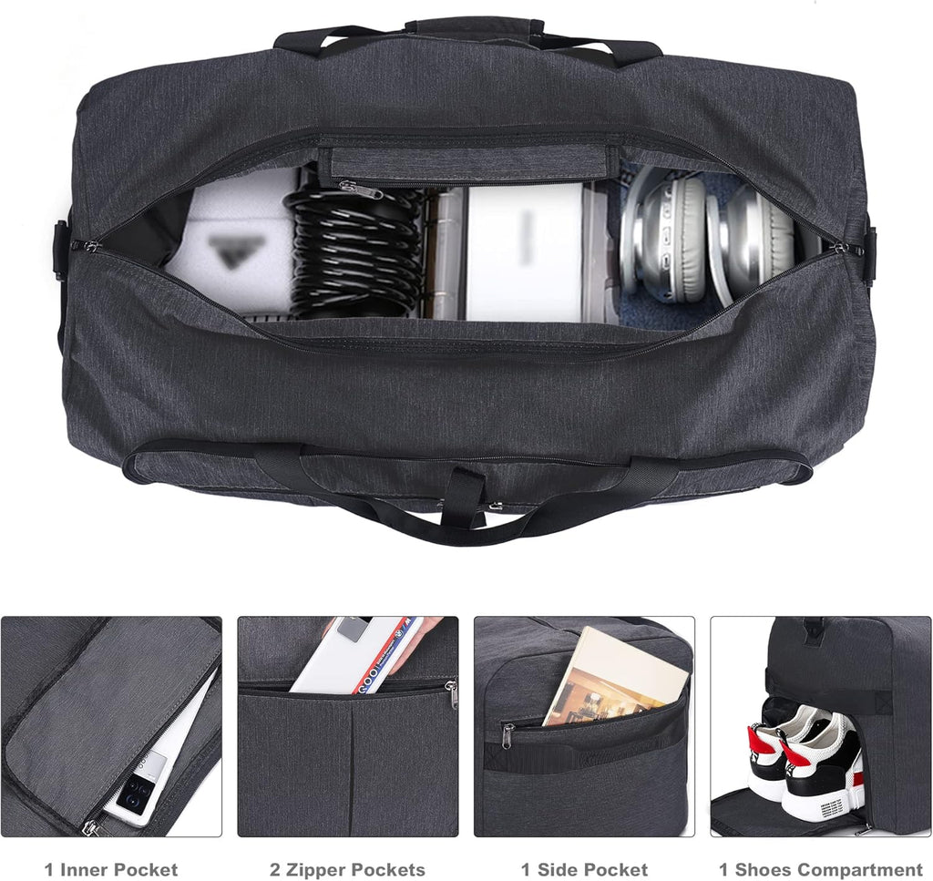 Large Weekender Travel Bag – 120 L, Foldable, Waterproof, Shoe Compartment, Multiple Pockets, Adjustable Strap (Black)