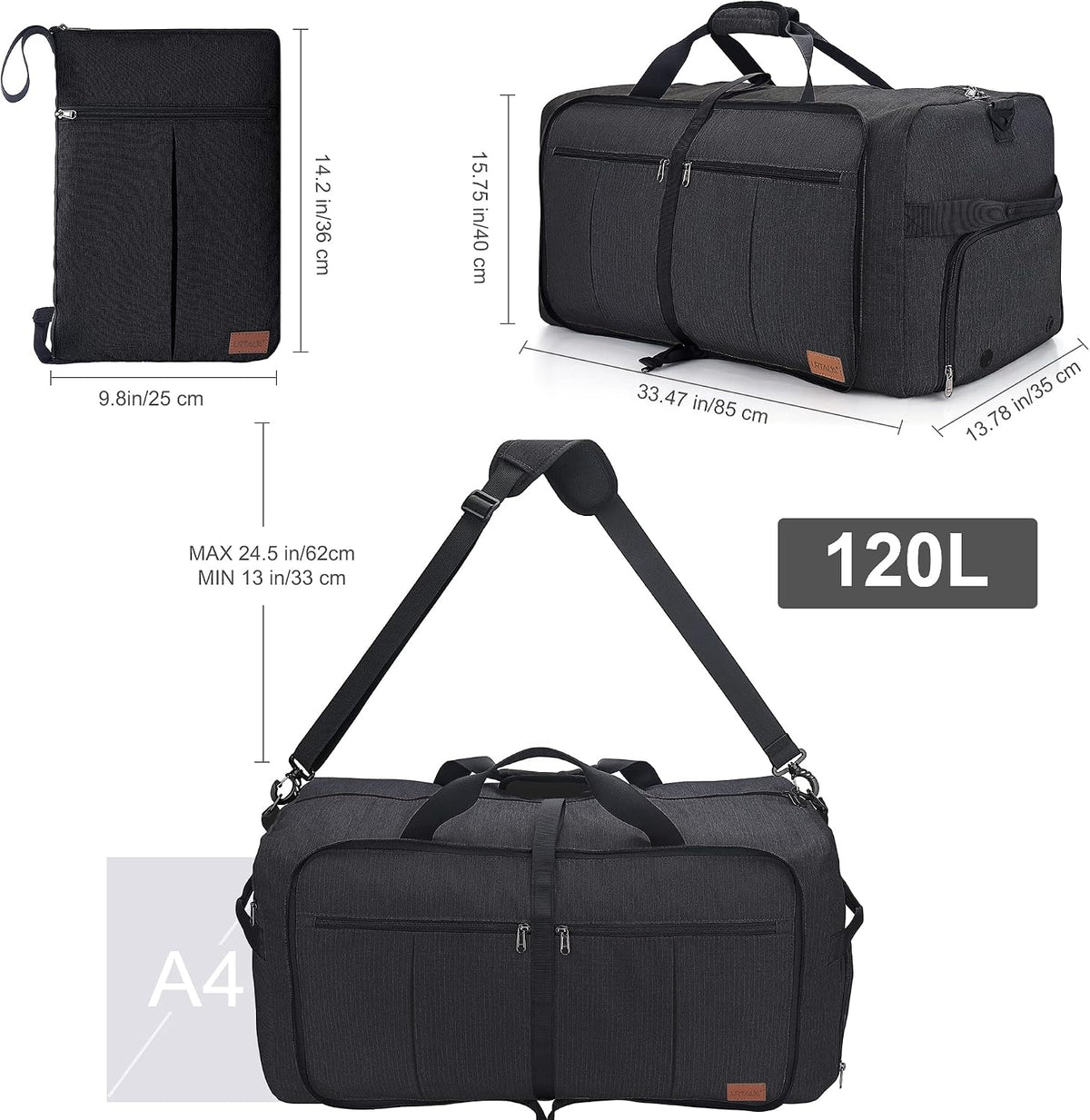Large Weekender Travel Bag – 120 L, Foldable, Waterproof, Shoe Compartment, Multiple Pockets, Adjustable Strap (Black)
