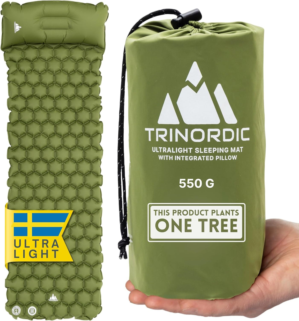 Camping Sleeping Mat – Ultralight Inflatable, Built‑In Pillow, Compact, 190×58×5 cm, Forest Green