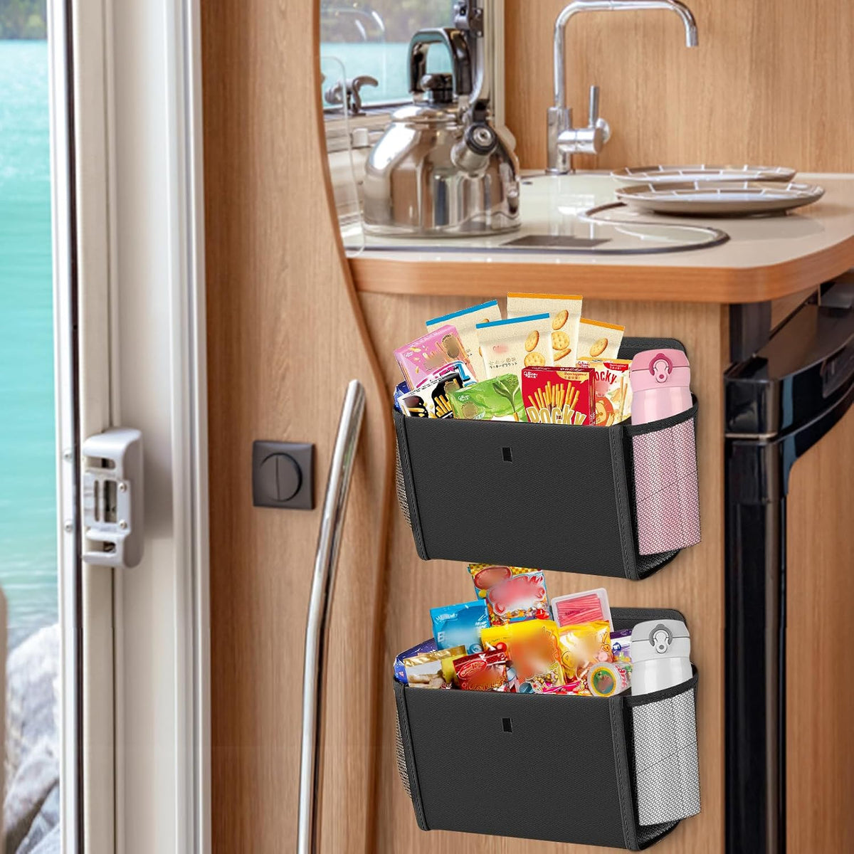 Pack of 2 Motorhome Organisers – Self‑Adhesive, No Drilling, Foldable Hanging Shelf with Large Pockets