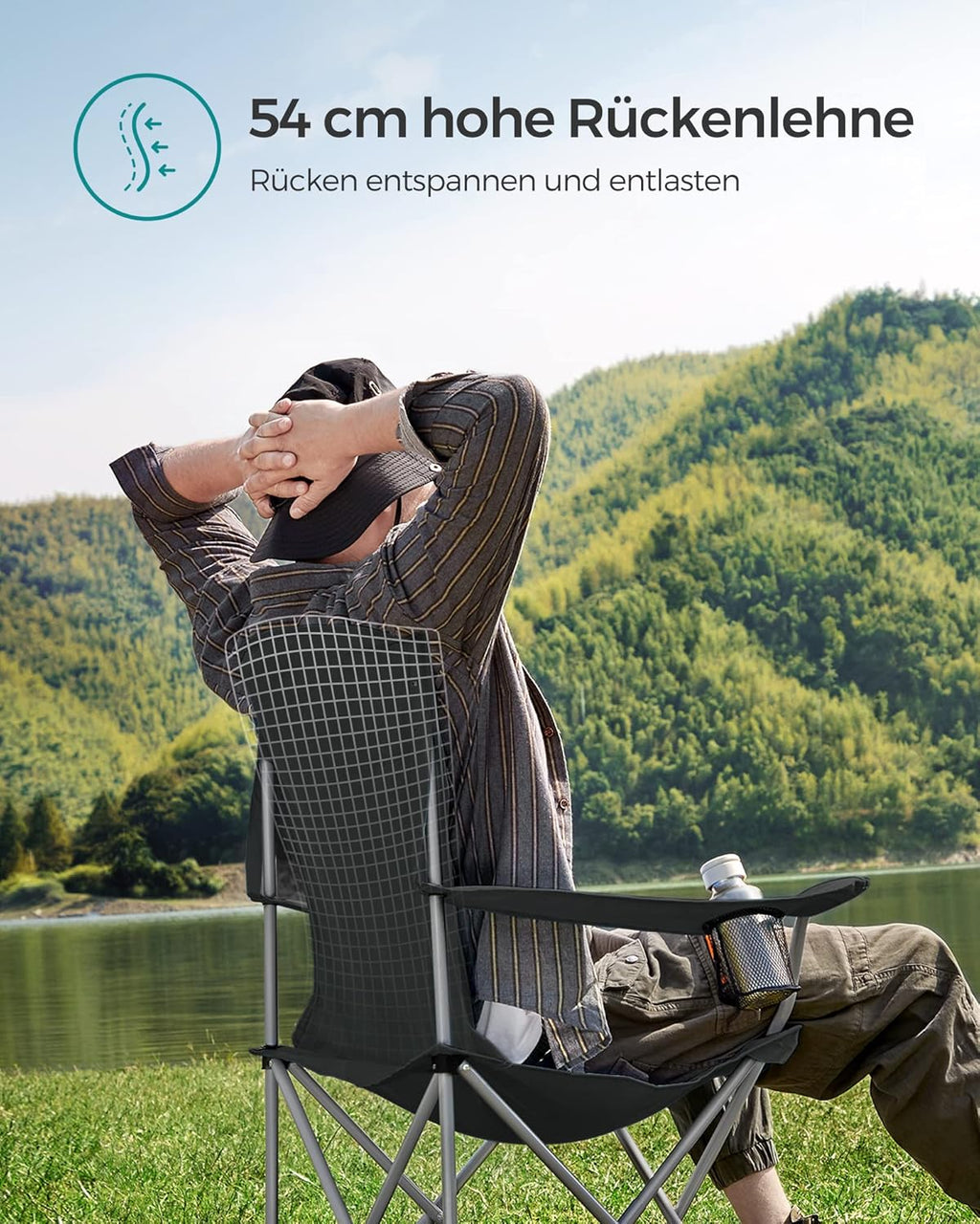 Set of 2 Folding Chairs, Camping Chairs, Comfortable Heavy Duty Structure, Maximum Load 150 kg, with Drink Holder, Outdoor