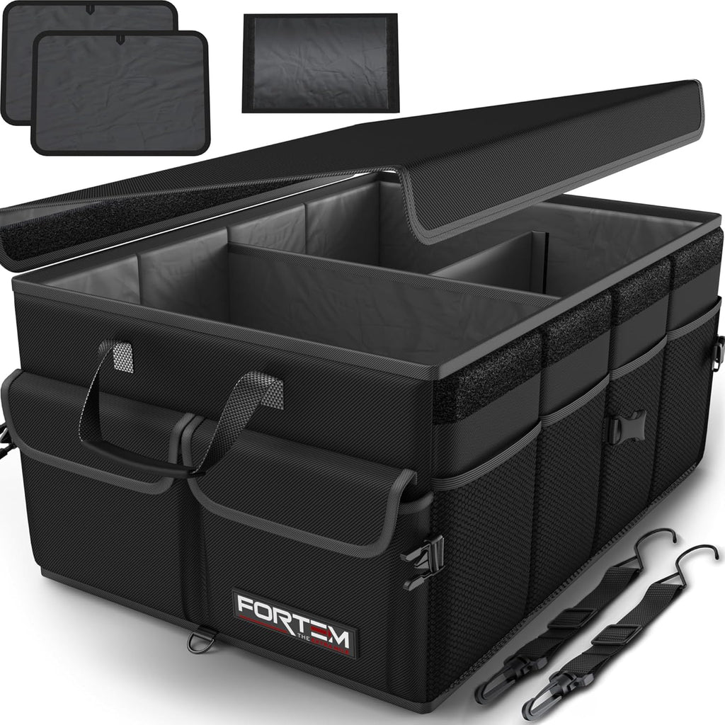 Car Boot Organiser – Foldable, Reinforced Design, Non‑Slip Base, Adjustable Straps, Removable Lid (Black, Standard)