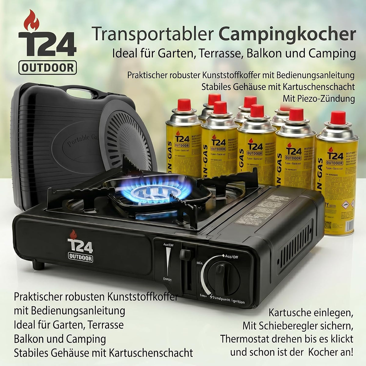 Gas Stove Set – Portable Butane Camping Stove with Piezo Ignition, Flame Protection & 8 × 227 g Gas Cartridges (Matte Black)