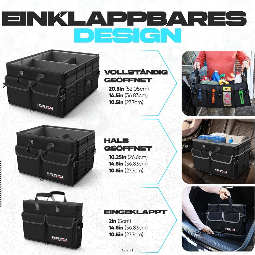 Car Boot Organiser – Foldable, Reinforced Design, Non‑Slip Base, Adjustable Straps, Removable Lid (Black, Standard)