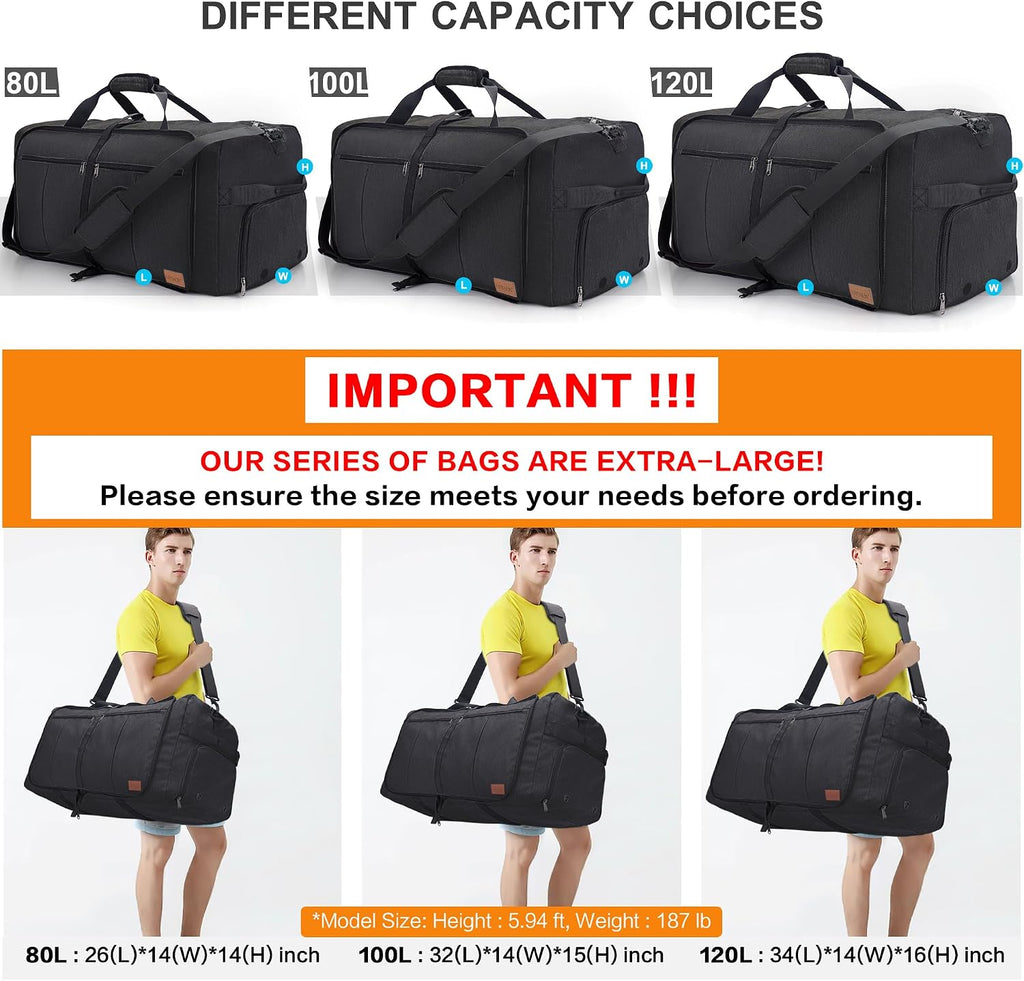 Large Weekender Travel Bag – 120 L, Foldable, Waterproof, Shoe Compartment, Multiple Pockets, Adjustable Strap (Black)