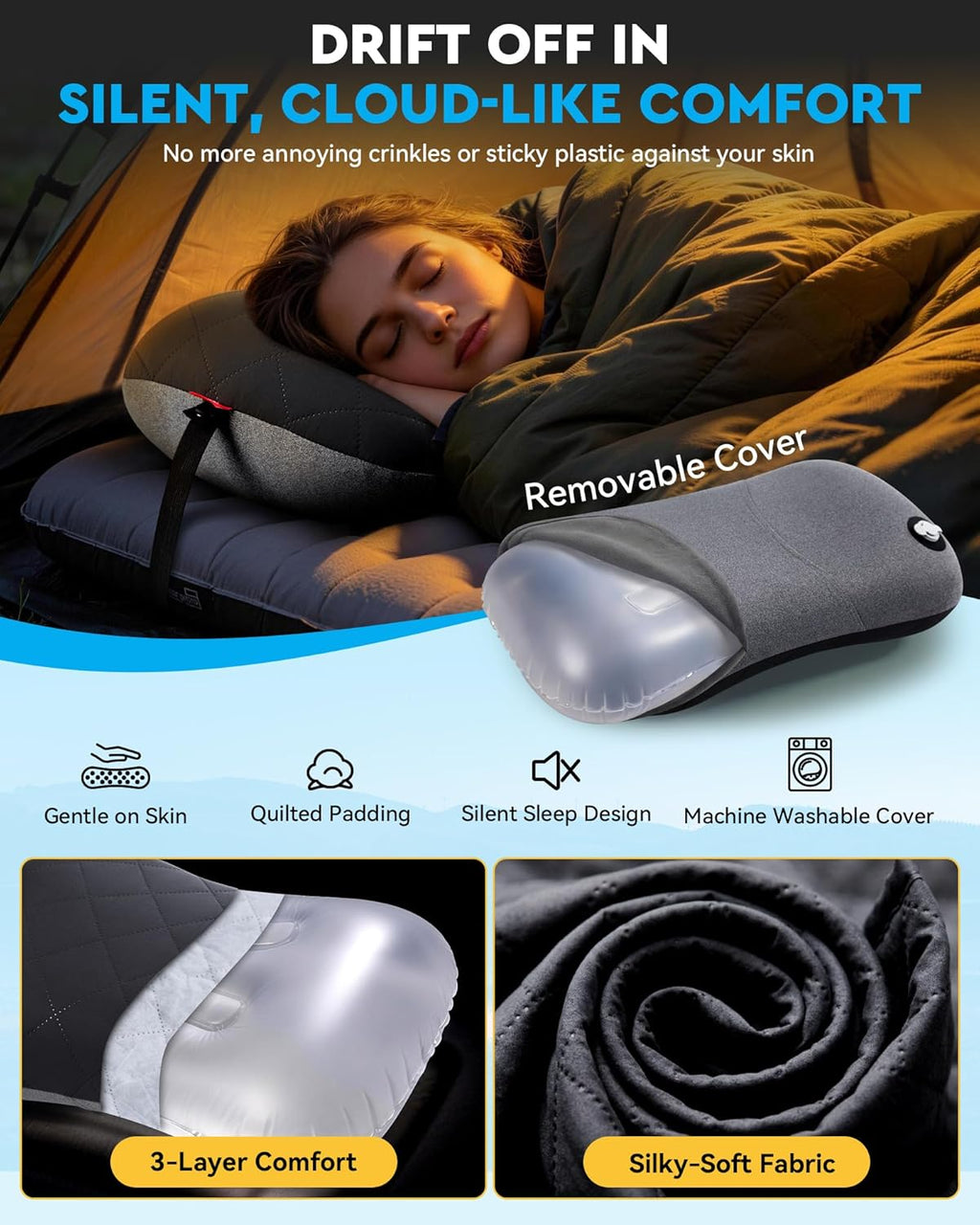 Inflatable Camping Travel Pillow – Removable Pillow Case, Ergonomic, Lightweight, Quick Inflation