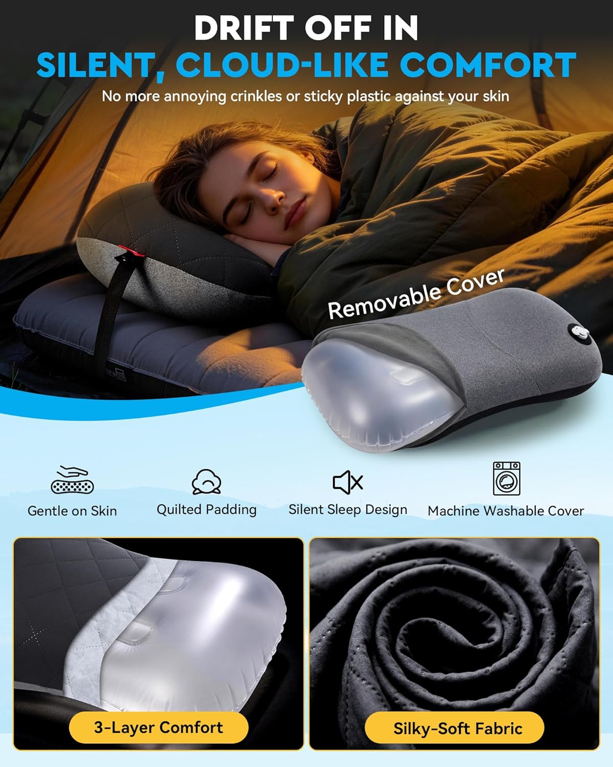 Inflatable Camping Travel Pillow – Removable Pillow Case, Ergonomic, Lightweight, Quick Inflation