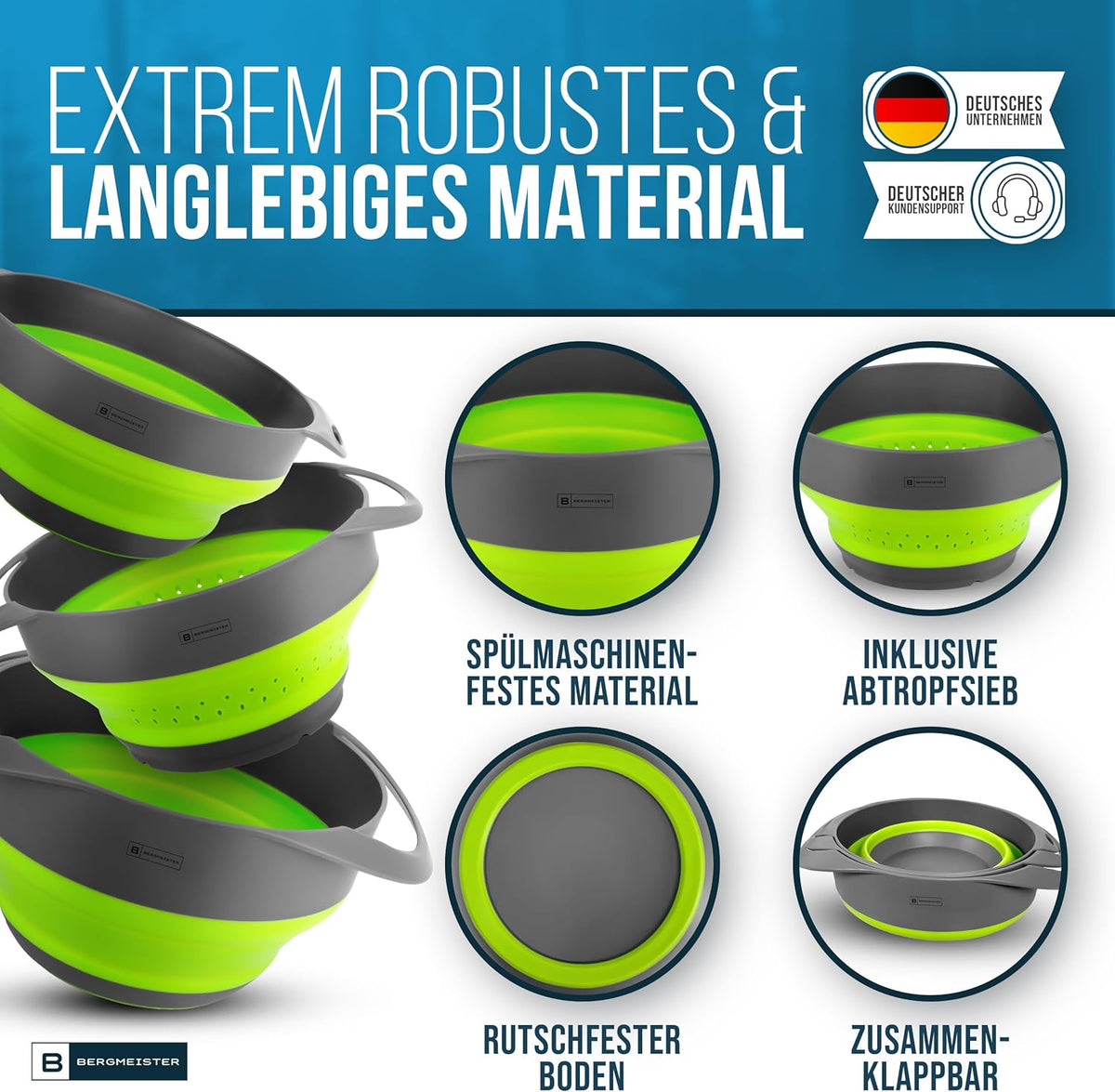 Foldable Bowl Set – 3‑in‑1 Collapsible Bowls with Colander & Noodle Strainer (1.7 L / 2.8 L)