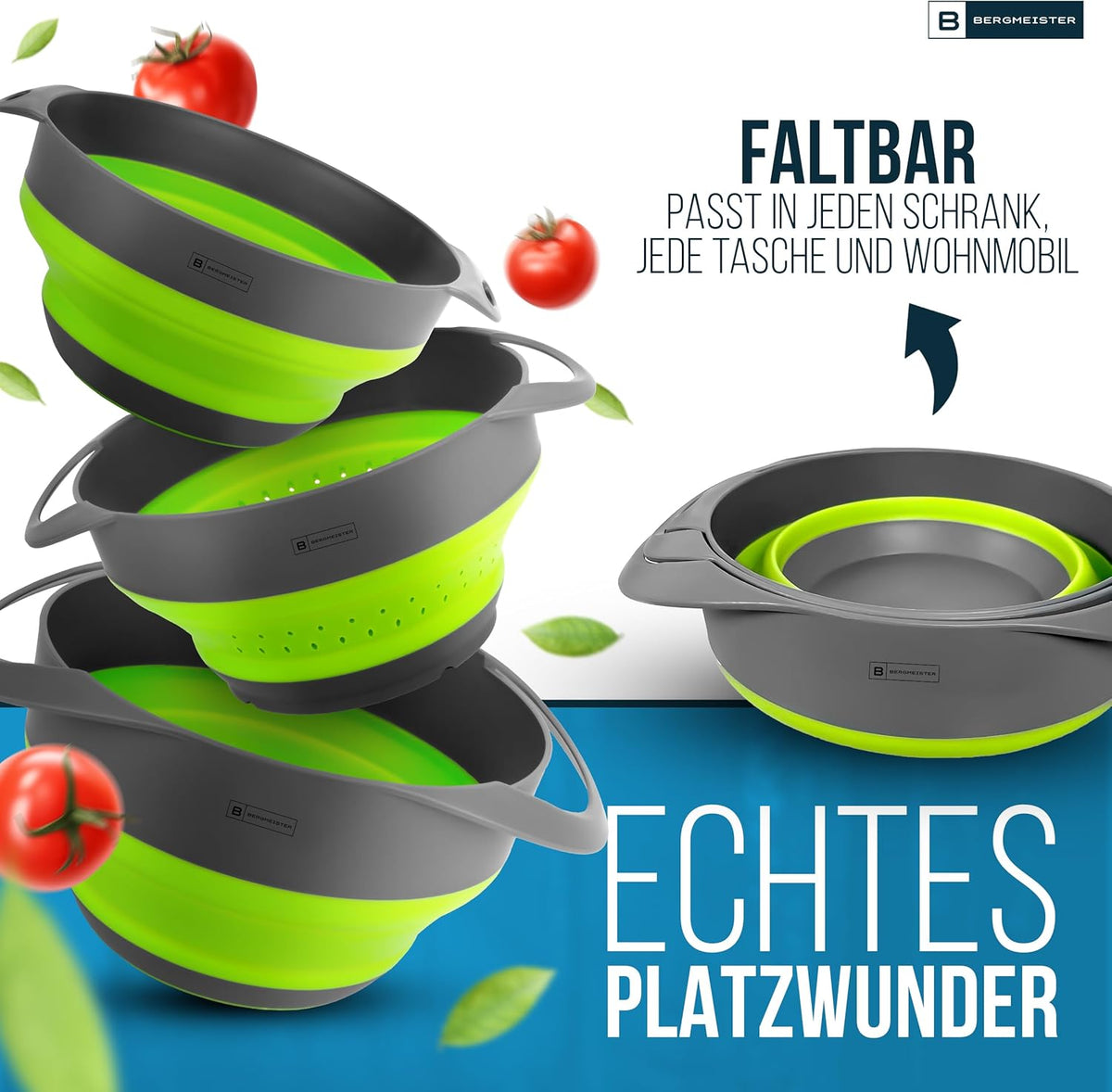 Foldable Bowl Set – 3‑in‑1 Collapsible Bowls with Colander & Noodle Strainer (1.7 L / 2.8 L)