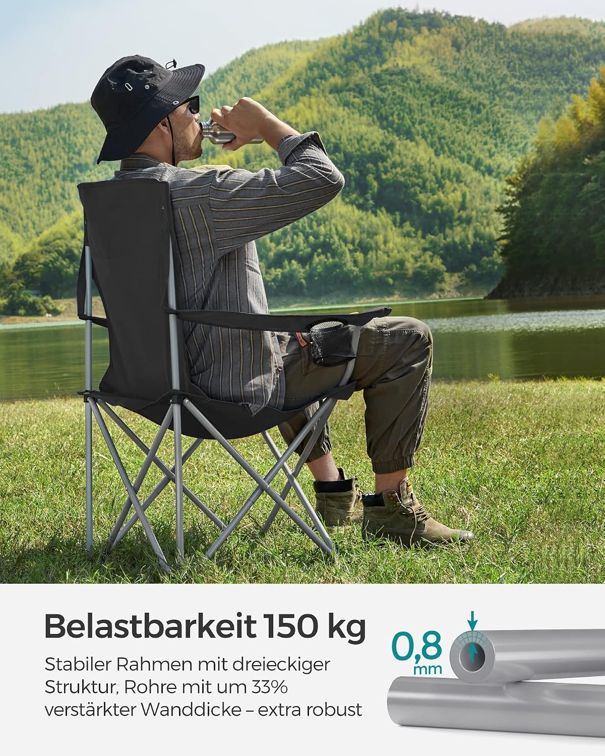Set of 2 Folding Chairs, Camping Chairs, Comfortable Heavy Duty Structure, Maximum Load 150 kg, with Drink Holder, Outdoor