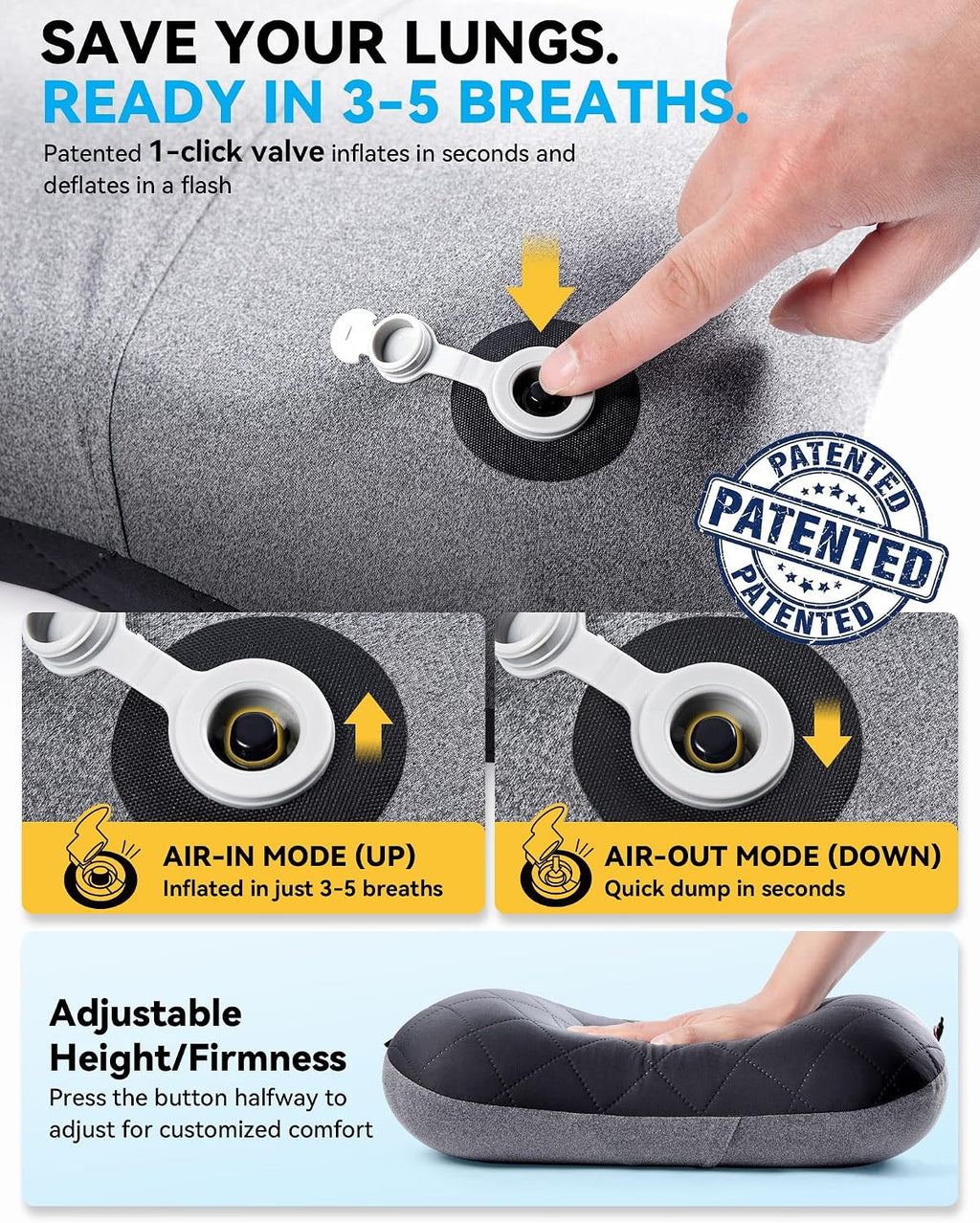 Inflatable Camping Travel Pillow – Removable Pillow Case, Ergonomic, Lightweight, Quick Inflation