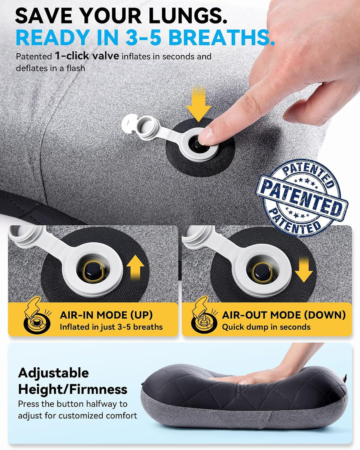 Inflatable Camping Travel Pillow – Removable Pillow Case, Ergonomic, Lightweight, Quick Inflation