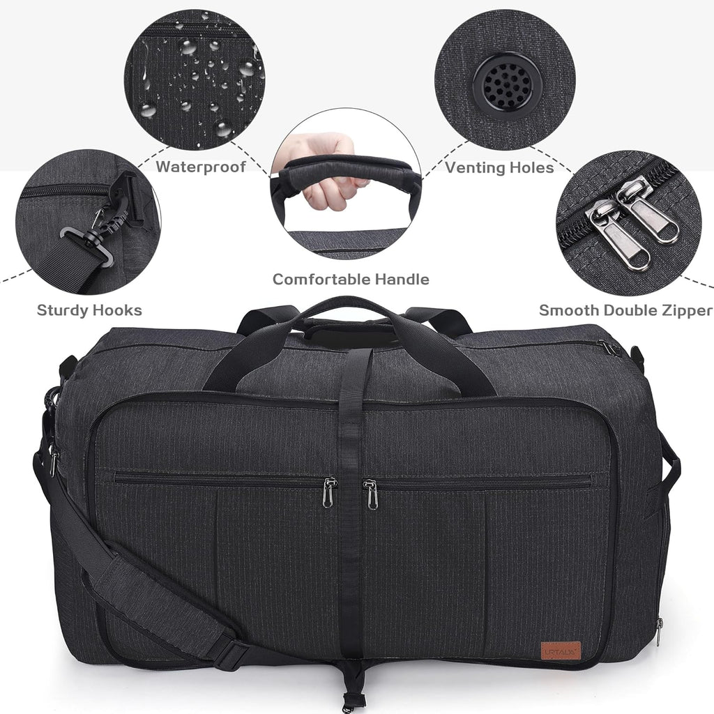 Large Weekender Travel Bag – 120 L, Foldable, Waterproof, Shoe Compartment, Multiple Pockets, Adjustable Strap (Black)
