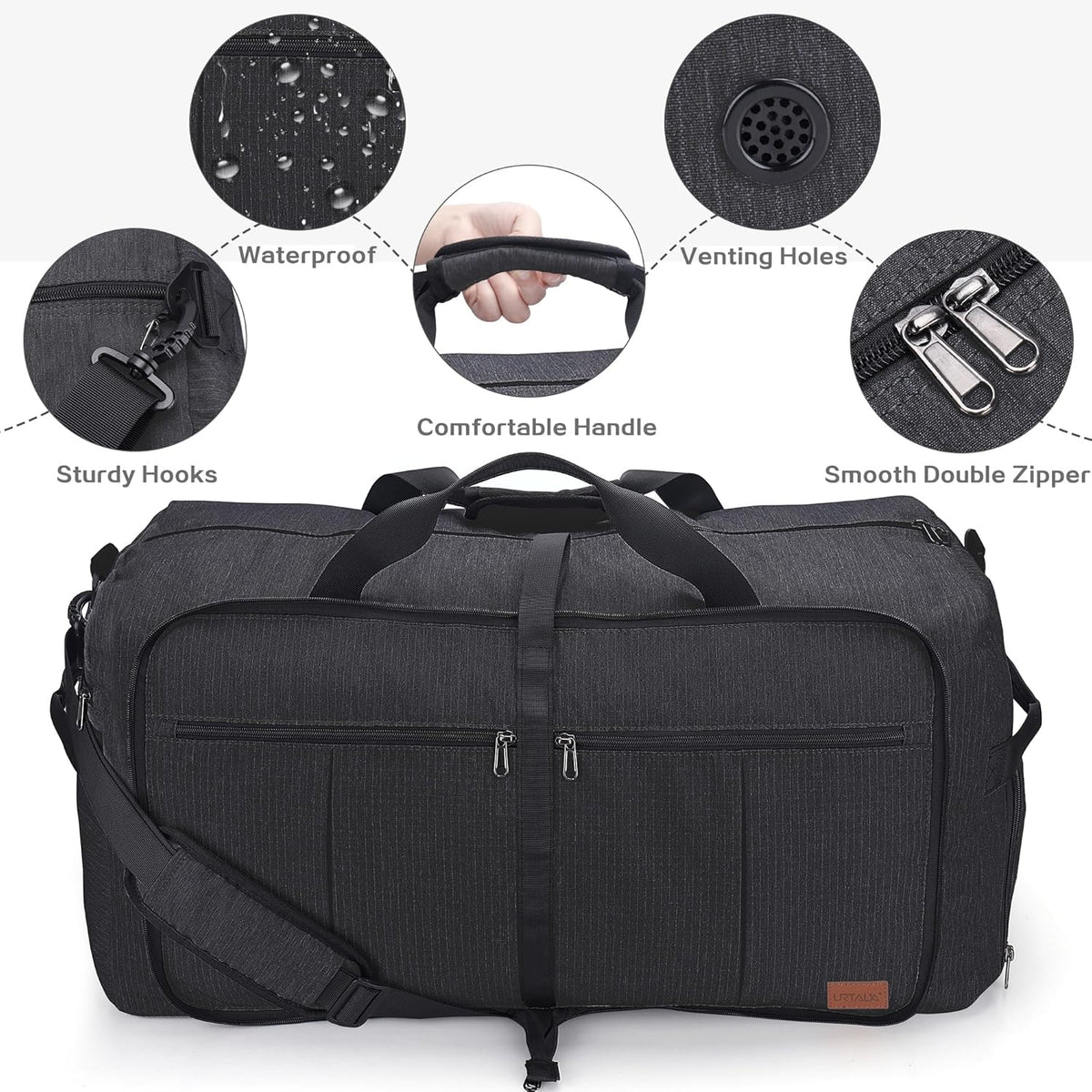 Large Weekender Travel Bag – 120 L, Foldable, Waterproof, Shoe Compartment, Multiple Pockets, Adjustable Strap (Black)