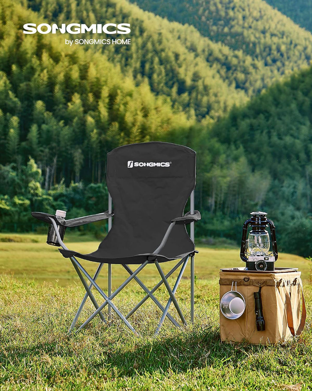Set of 2 Folding Chairs, Camping Chairs, Comfortable Heavy Duty Structure, Maximum Load 150 kg, with Drink Holder, Outdoor