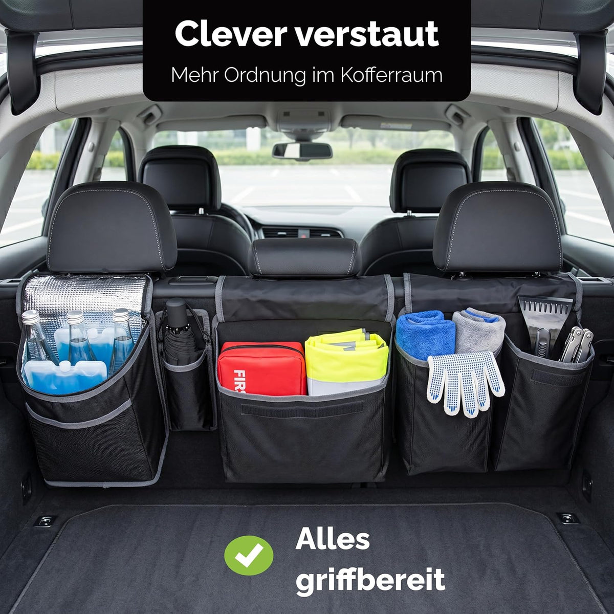 Large Boot Organiser – Velcro Attachment, 3 Separable Modules, Tight Pockets, Integrated Cool Bag